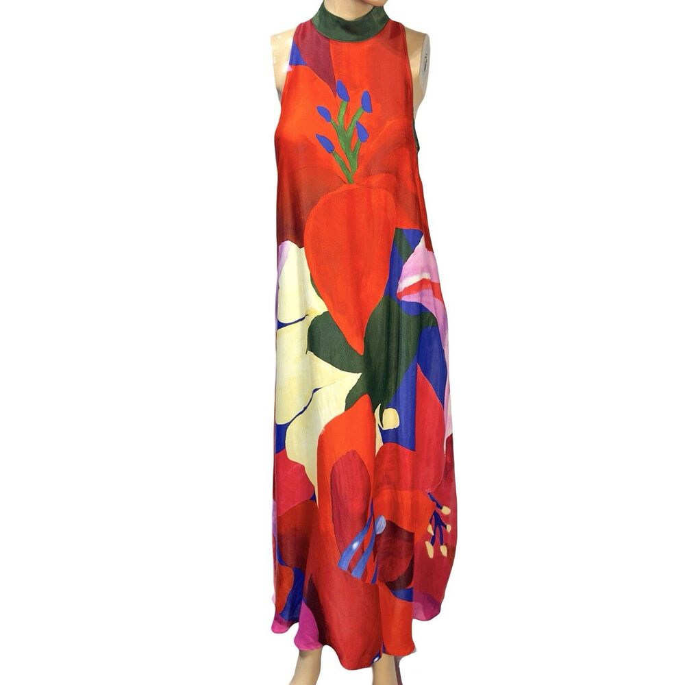 Farm Rio Anthropologie Halter Maxi Dress Mick Neck Tropical A-Line Size S FLAW